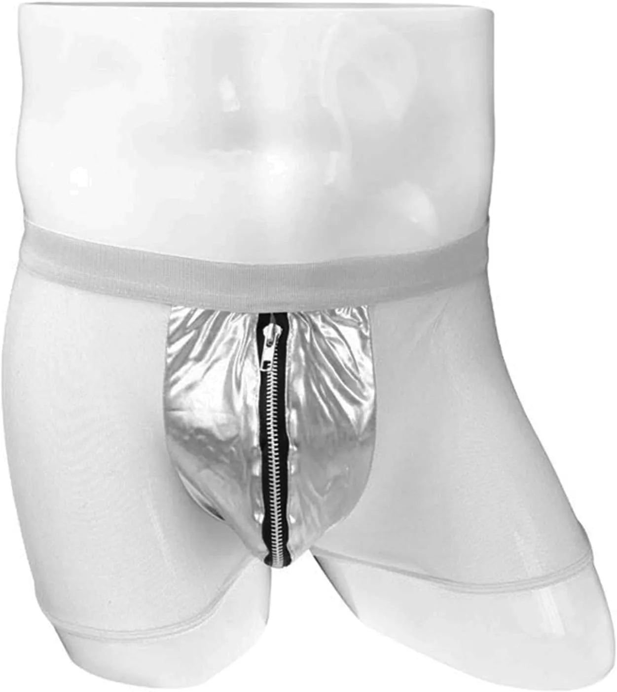 Men Mesh Zipper Transparent Boxer Brief Low Rise Patent Leather Underpants Sexy See Through Lingerie Thongs Clubwear