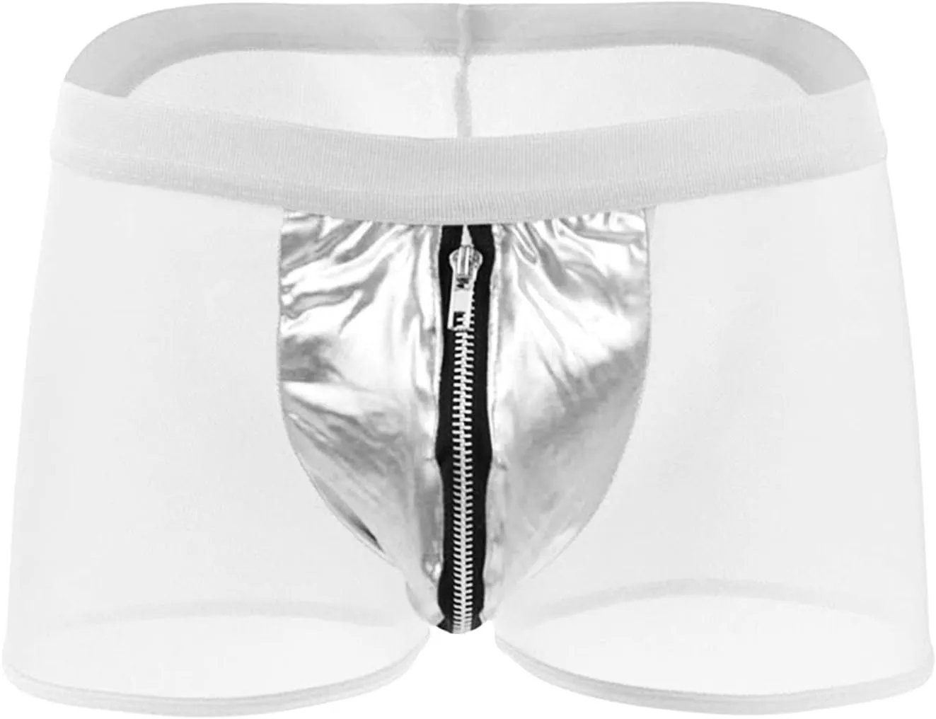 Men Mesh Zipper Transparent Boxer Brief Low Rise Patent Leather Underpants Sexy See Through Lingerie Thongs Clubwear