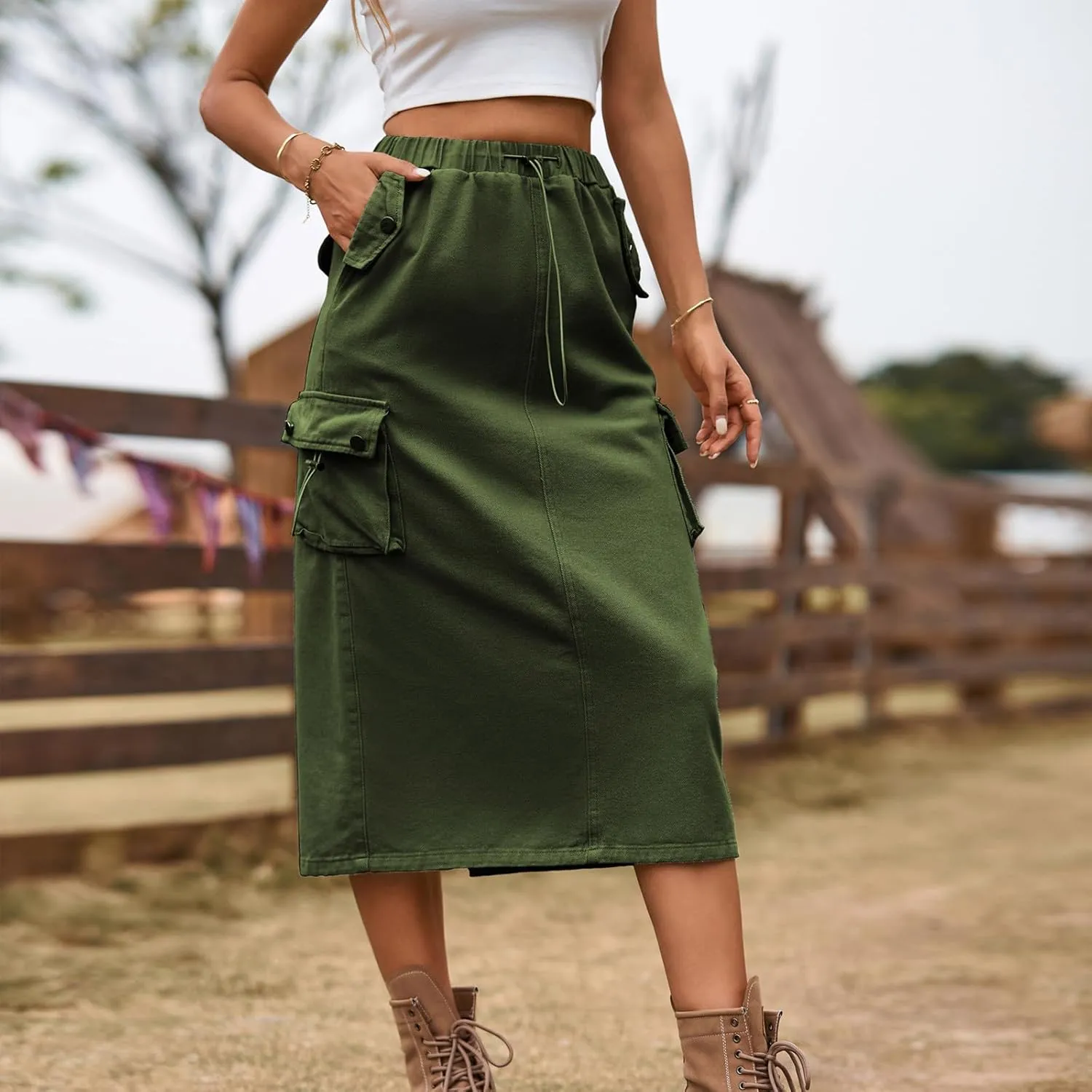 Midi Skirt for Women 2024 Casual Elastic Waist Wrap-Around Skirts Fall Trendy Mid Length Skirts with Pockets Y2k