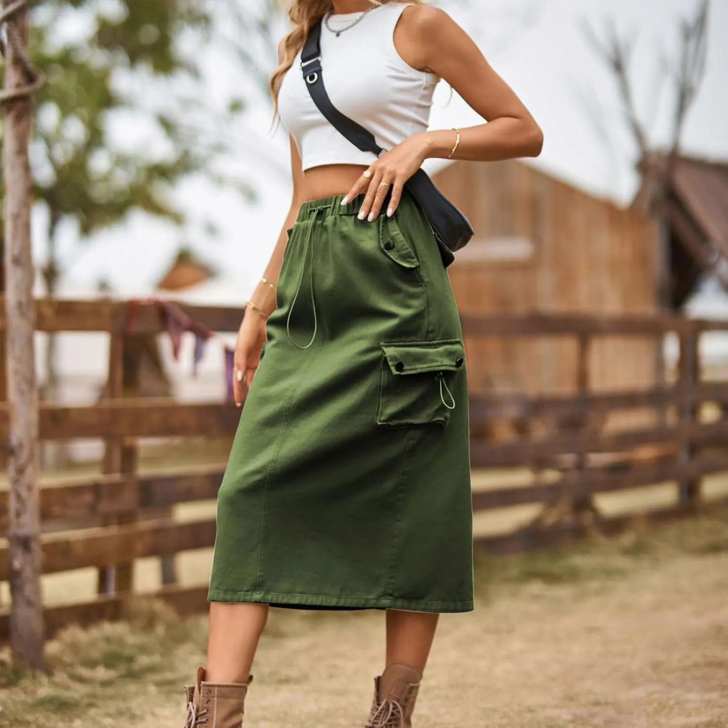 Midi Skirt for Women 2024 Casual Elastic Waist Wrap-Around Skirts Fall Trendy Mid Length Skirts with Pockets Y2k