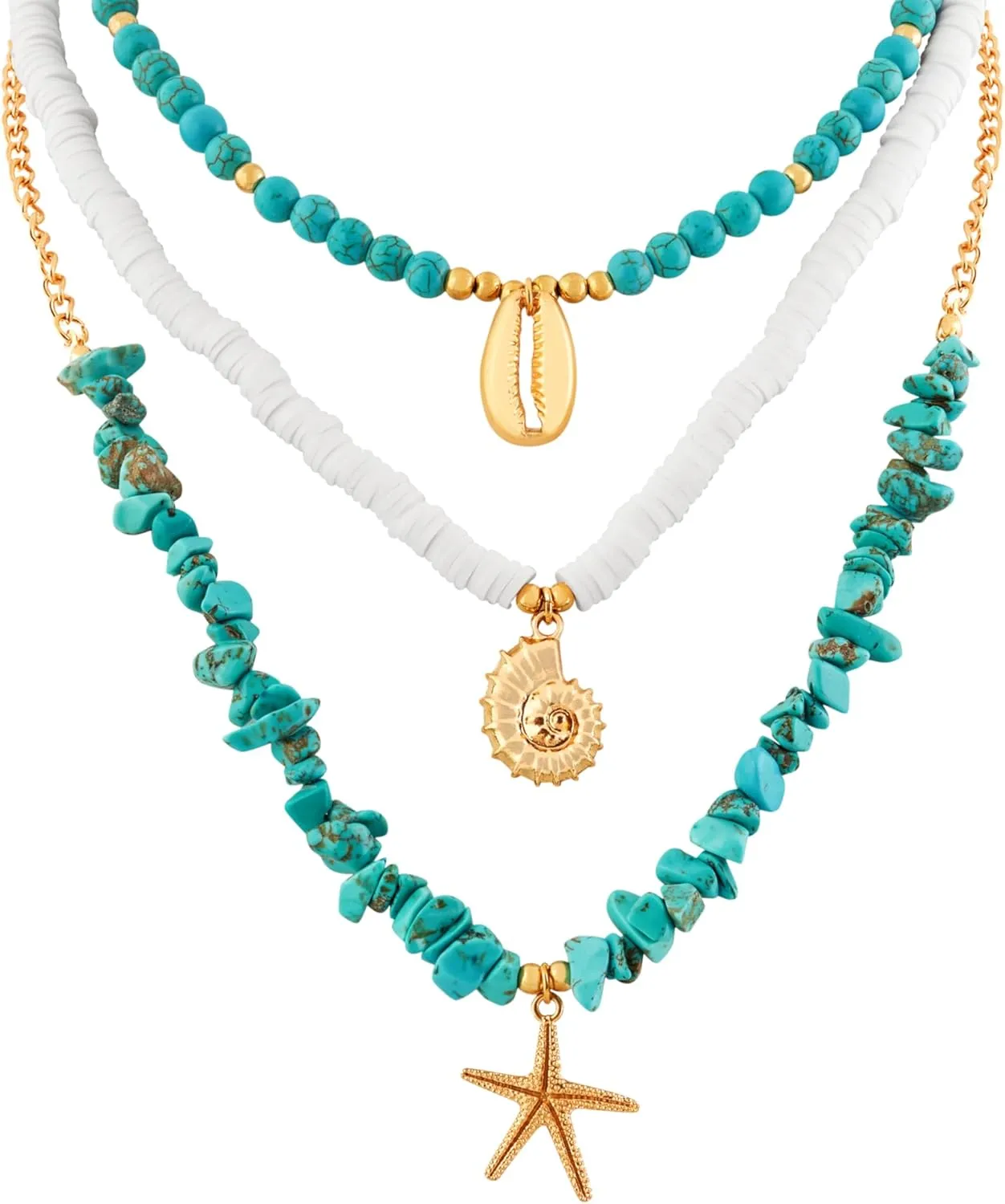 MINACHI Shell Irregular Beads Necklace, Multi Layer, Shell Snail Starfish Pendant, Boho Style Jewelry for Women