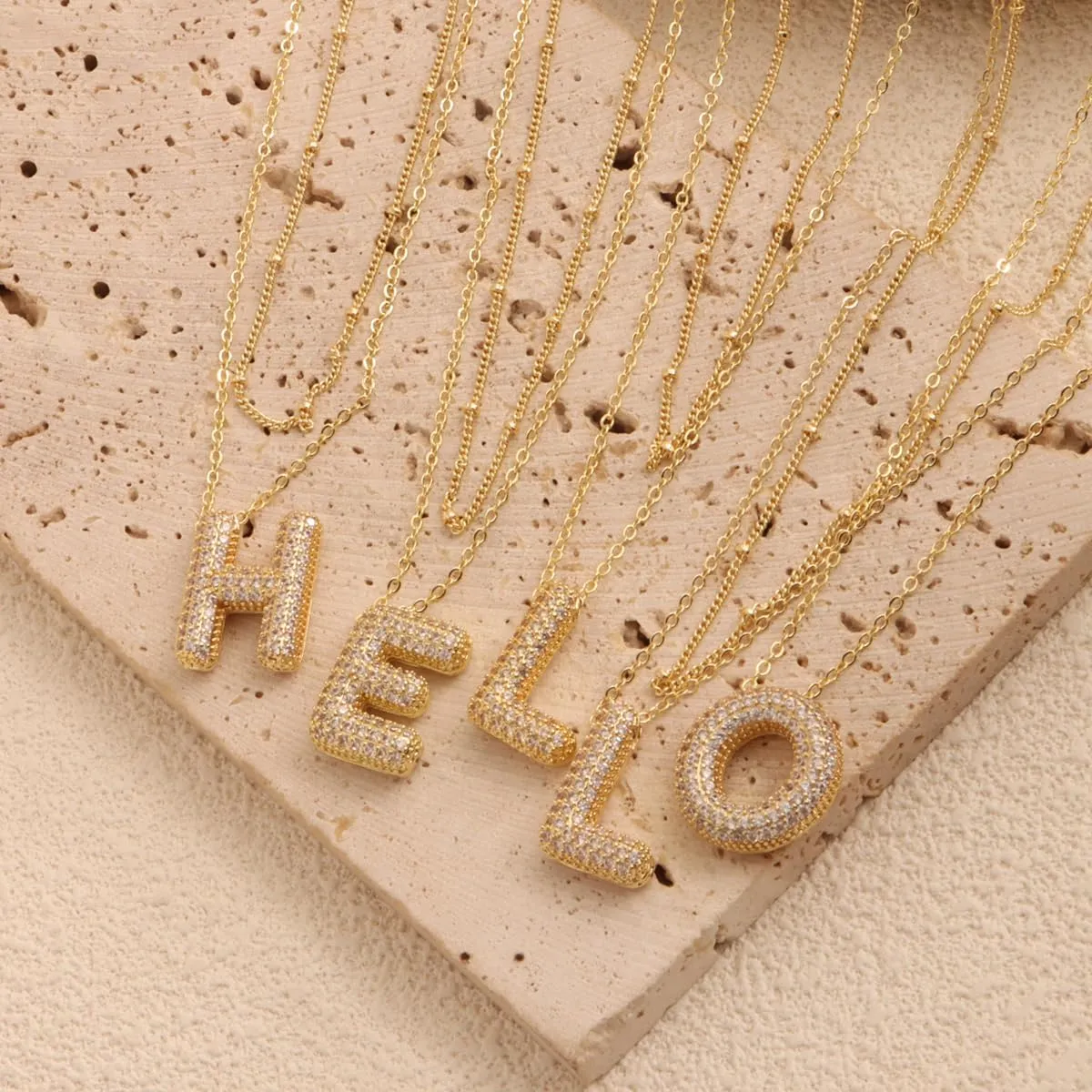 MINT COCOA A-Z Bubble Letter Necklace for Women, Dainty 14K Gold Cubic Zirconia Balloon Initial Necklaces Trendy Layered Puff Alphabet Pendant Necklaces for Women Gifts