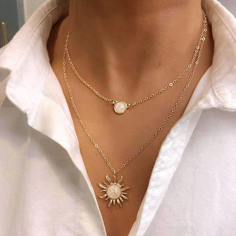MJartoria Layered Choker Multi Chains Pendant Sun and Moon Charm Necklaces Jewelry Gifts for Women