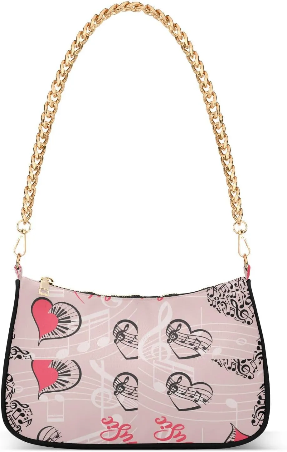 Music Notes with Hearts Melody Love Pattern Shoulder Handbags for Women Travel Hobo Tote Handbag Women Gold Chain Shoulder Bags Purse with Zipper Closure