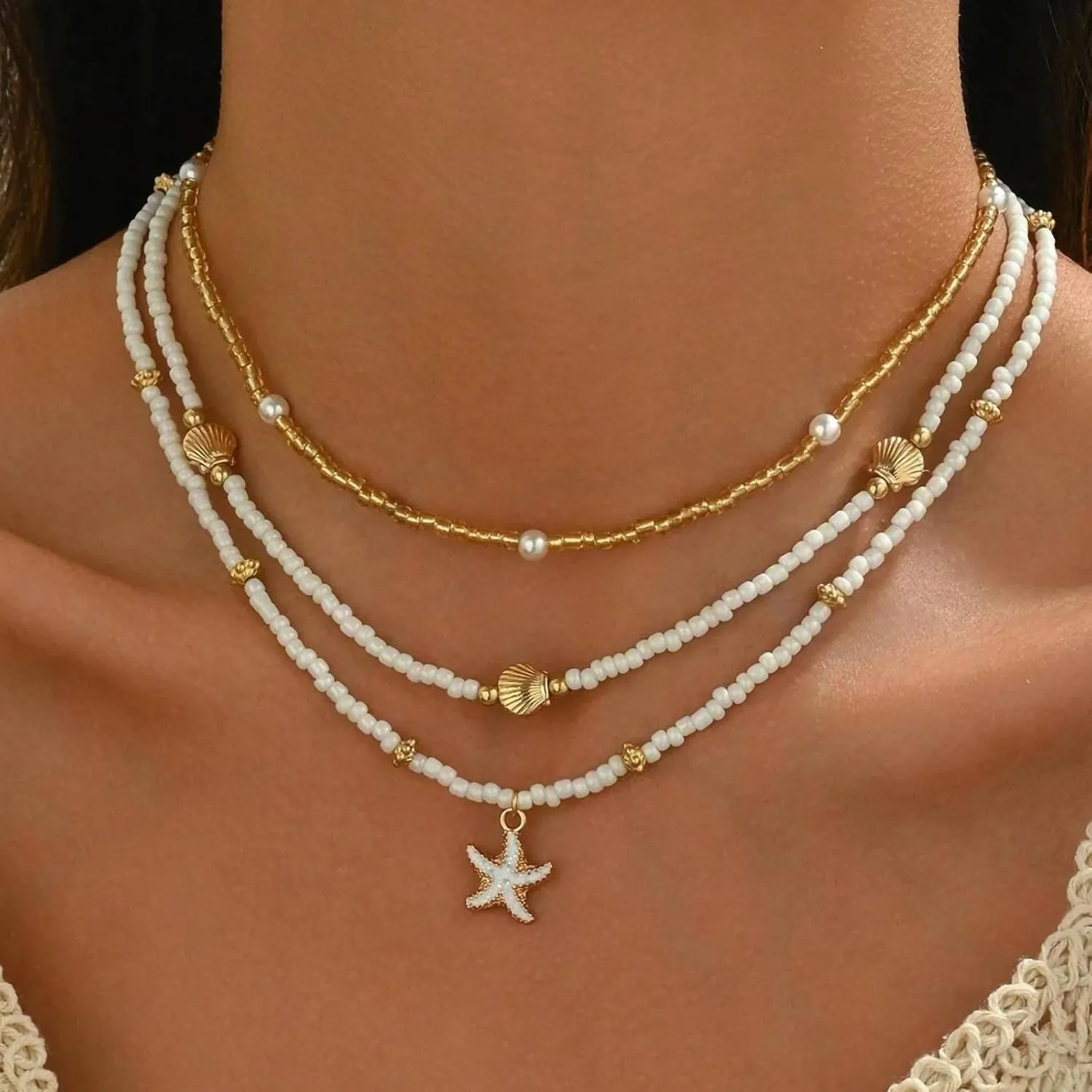 Nackiy Handmade Sea Shell Necklace for Women Summer Adjustable Natural Shell Collar Necklace (Beige Braided Rope)