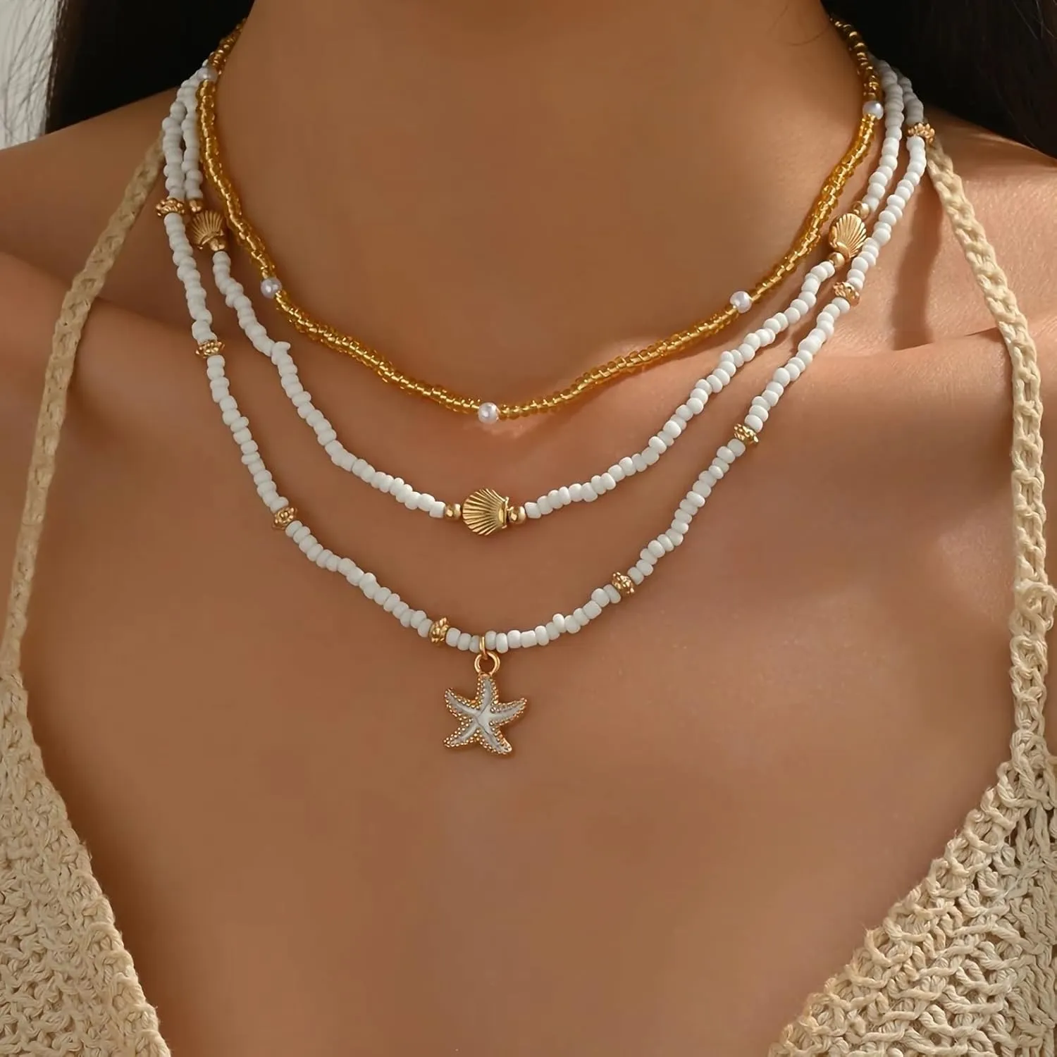 Nackiy Handmade Sea Shell Necklace for Women Summer Adjustable Natural Shell Collar Necklace (Beige Braided Rope)