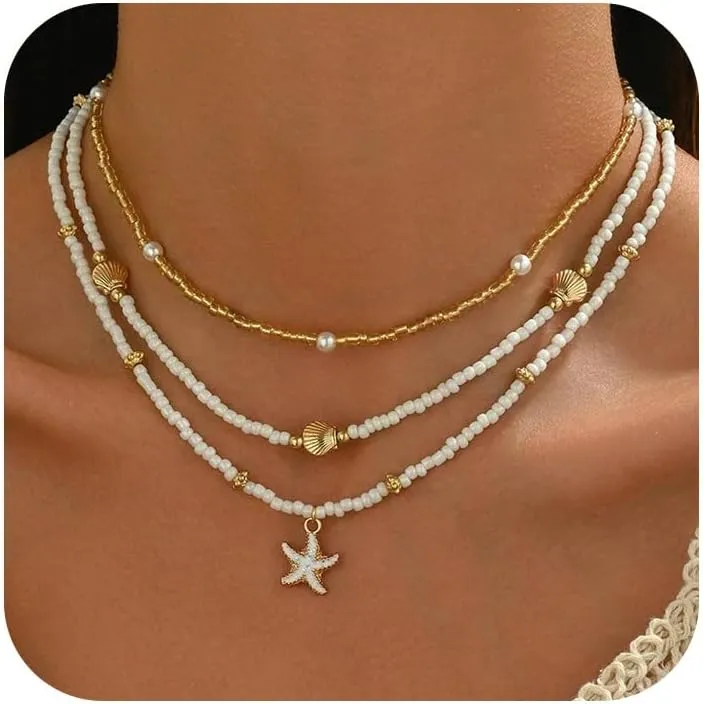 Nackiy Handmade Sea Shell Necklace for Women Summer Adjustable Natural Shell Collar Necklace (Beige Braided Rope)