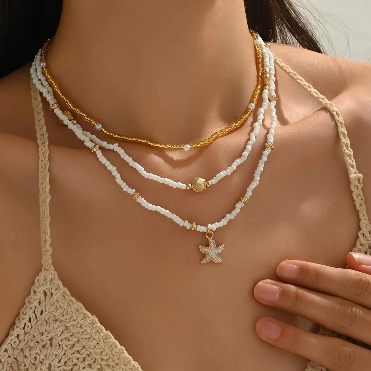 Nackiy Handmade Sea Shell Necklace for Women Summer Adjustable Natural Shell Collar Necklace (Beige Braided Rope)