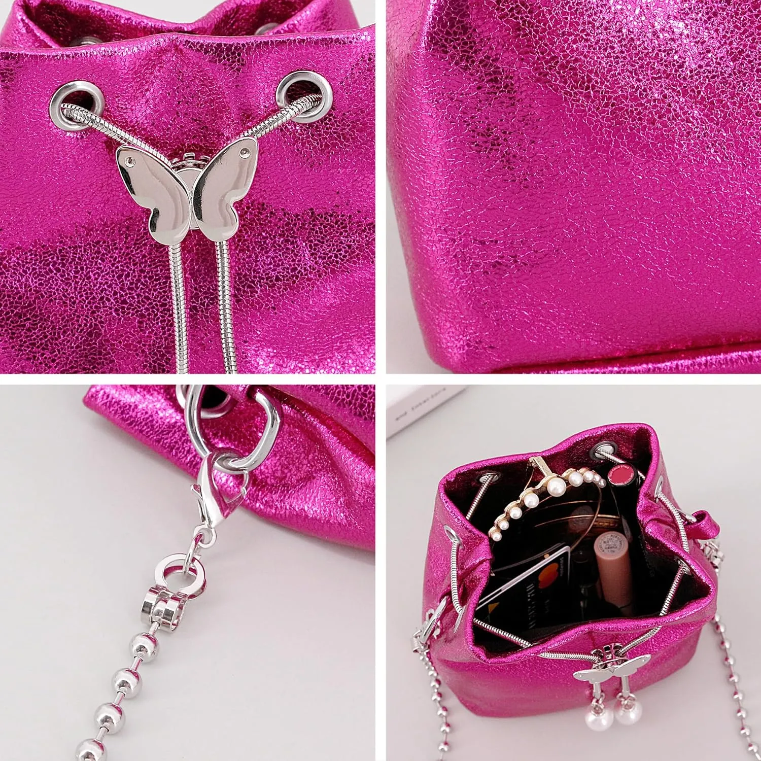 Naimo Womens Metallic Bag Drawstring Bucket Bag Sparkly Evening Handbag Crossbody Purse Shoulder Chain Bag
