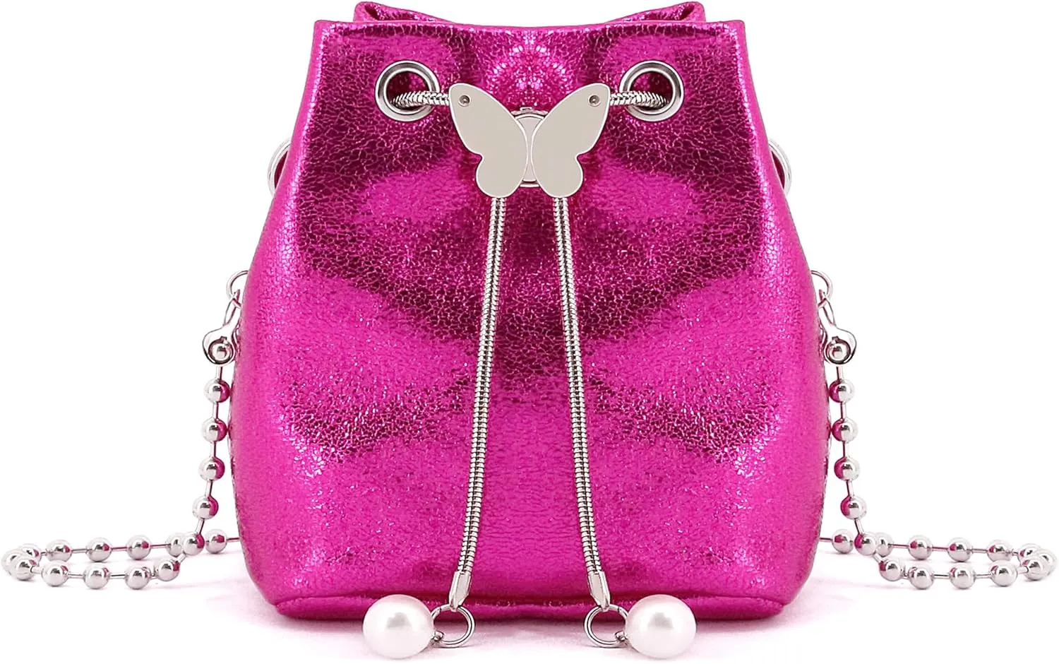 Naimo Womens Metallic Bag Drawstring Bucket Bag Sparkly Evening Handbag Crossbody Purse Shoulder Chain Bag