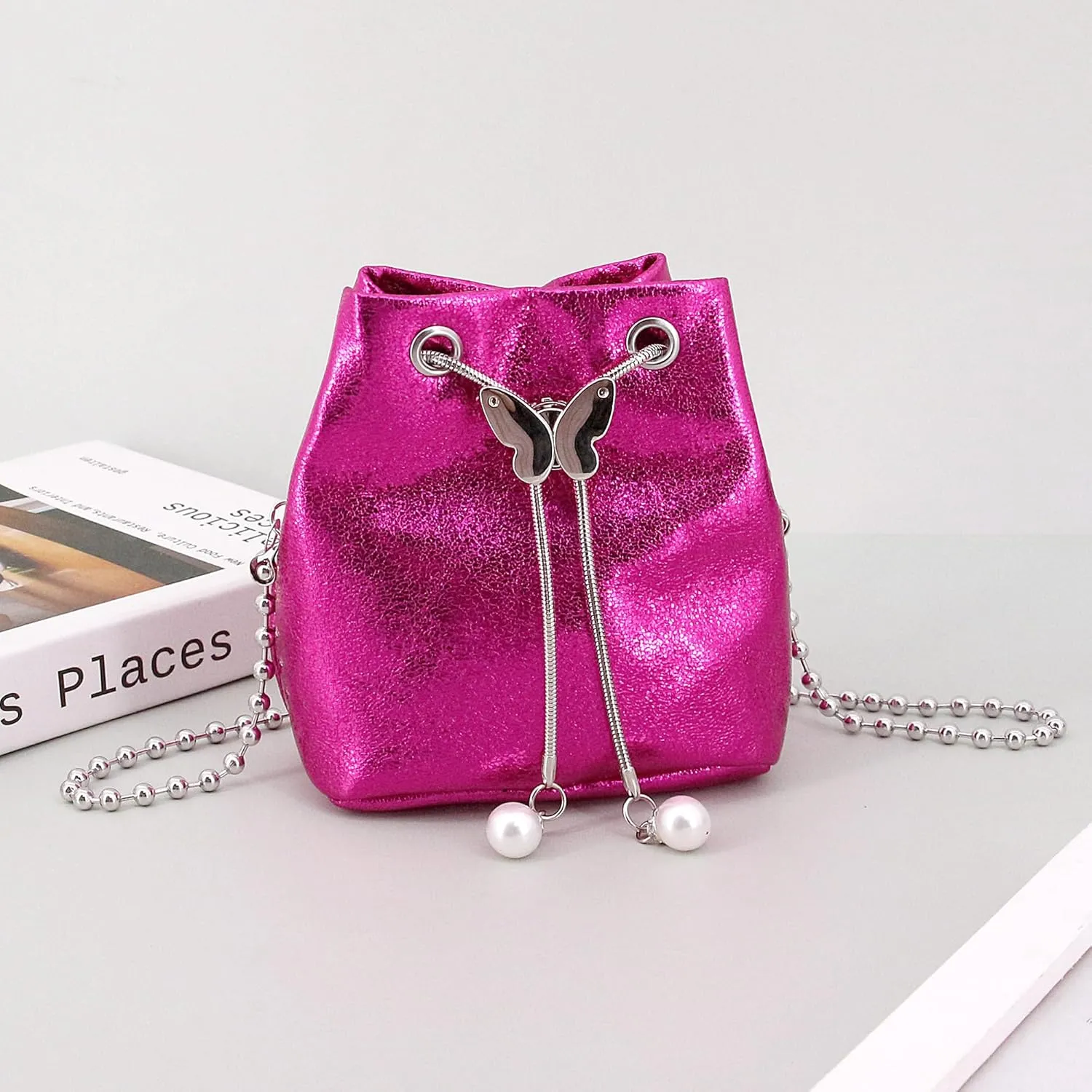 Naimo Womens Metallic Bag Drawstring Bucket Bag Sparkly Evening Handbag Crossbody Purse Shoulder Chain Bag