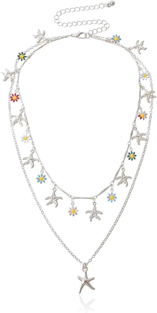 NIQIPOK Beach Necklaces for Women Layers Gold Daisy Flower Starfish Shell Necklace 14K Gold Plated Layered Boho Summer Seashell Beach necklace Jewelry