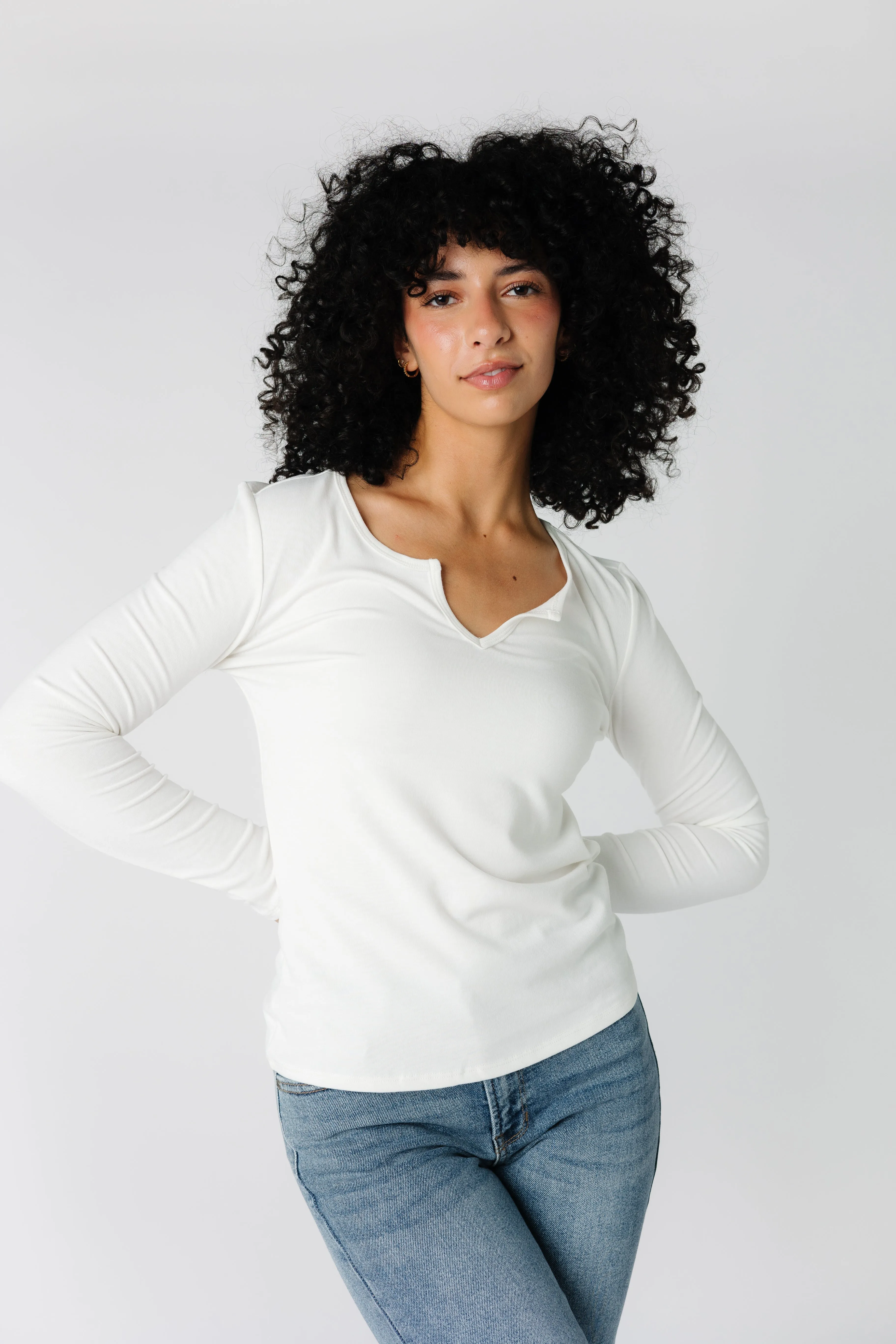 Notched Neckline Long Sleeve Tee