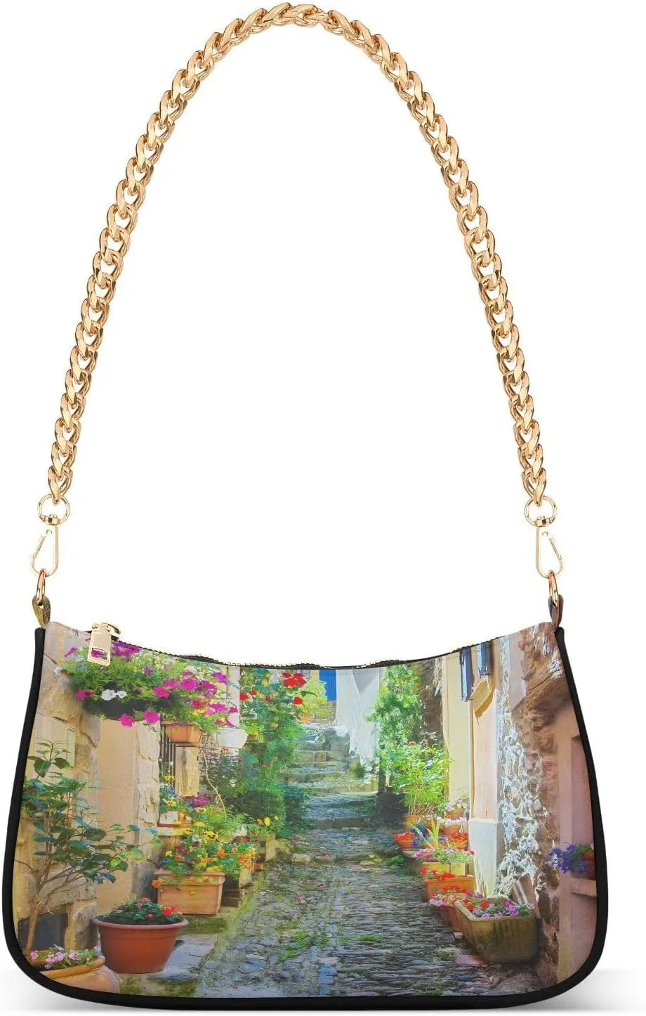 Oil Painting Provence Narrow Street Shoulder Handbags for Women Travel Hobo Tote Handbag Women Gold Chain Shoulder Bags Purse with Zipper Closure