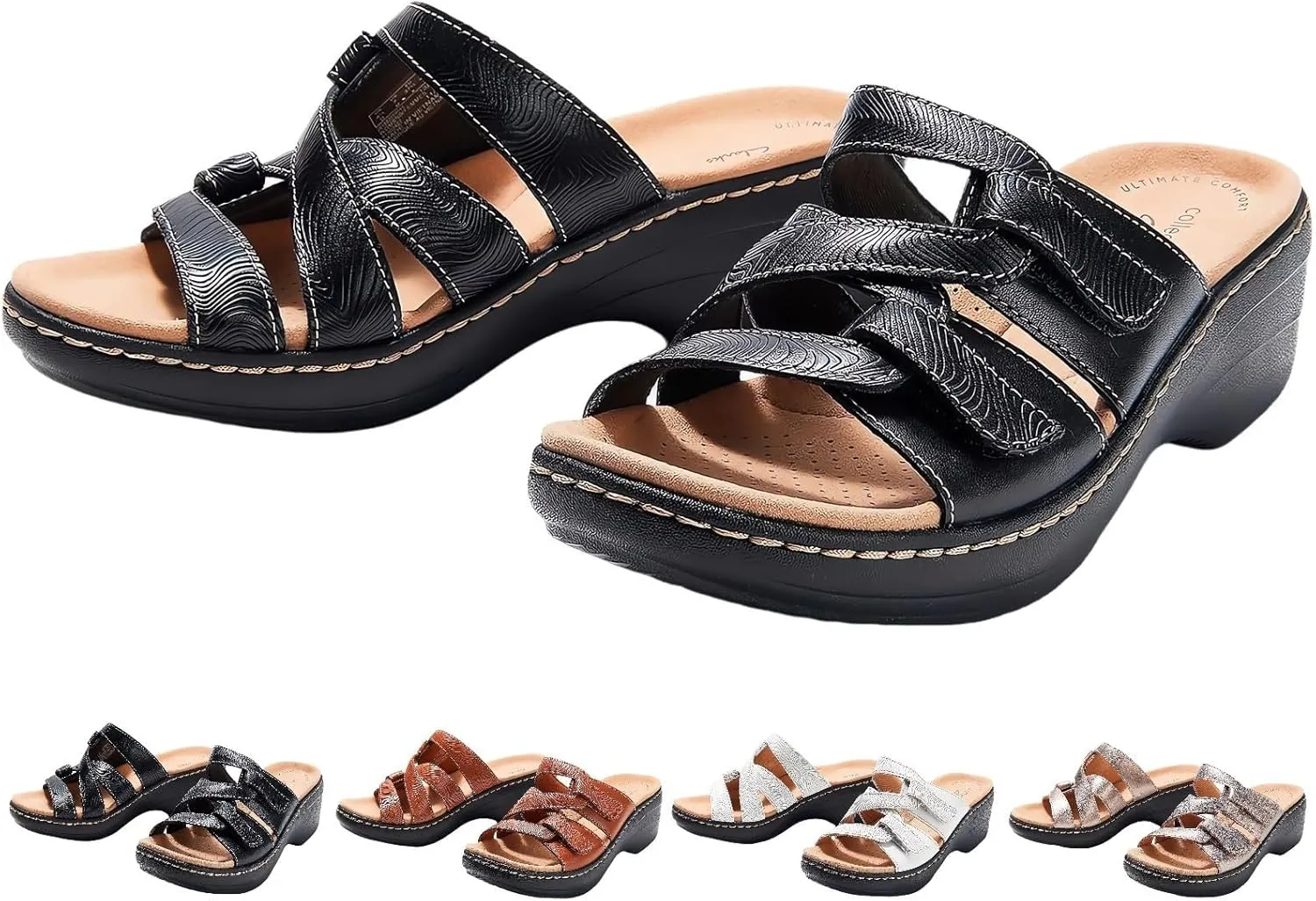 Orthopedic Sandals for Women Faux Leather Wedges Open Toe Wide Width Slippers Orthotic Slippers Non Slip Comfortable Walking Shoes Retro Slides for All Day Wear