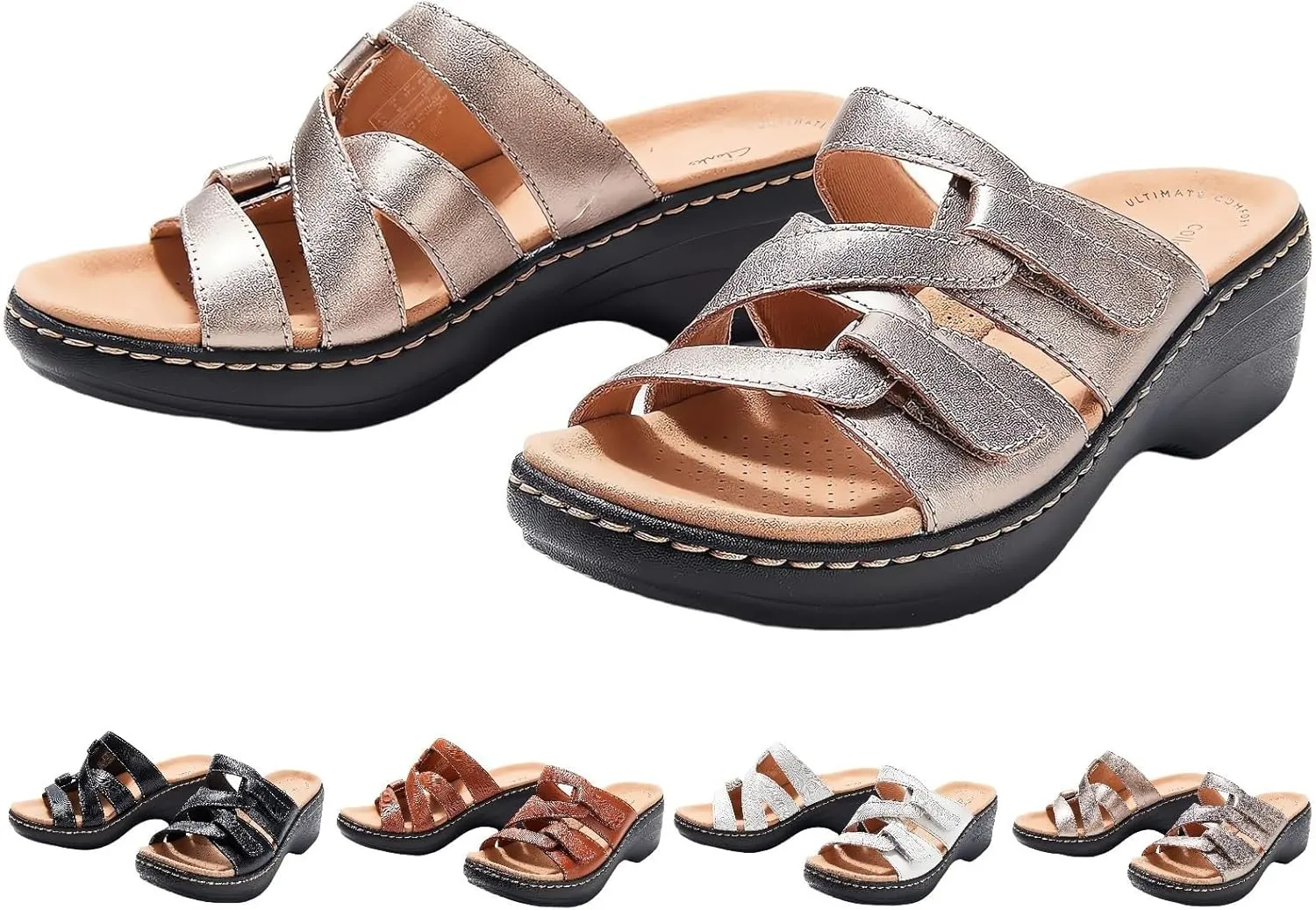 Orthopedic Sandals for Women Faux Leather Wedges Open Toe Wide Width Slippers Orthotic Slippers Non Slip Comfortable Walking Shoes Retro Slides for All Day Wear