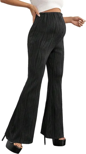 OYOANGLE Women's Maternity Adjustable High Waist Flare Leg Pants Stripes Knitted Trousers