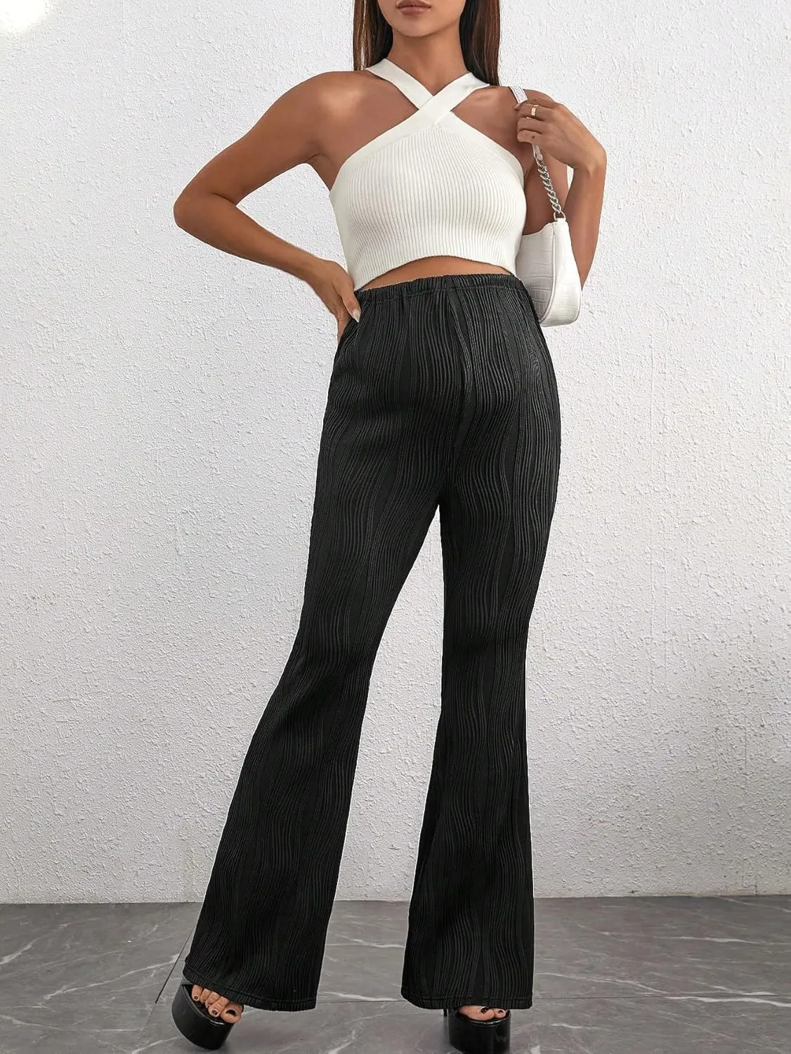 OYOANGLE Women's Maternity Adjustable High Waist Flare Leg Pants Stripes Knitted Trousers