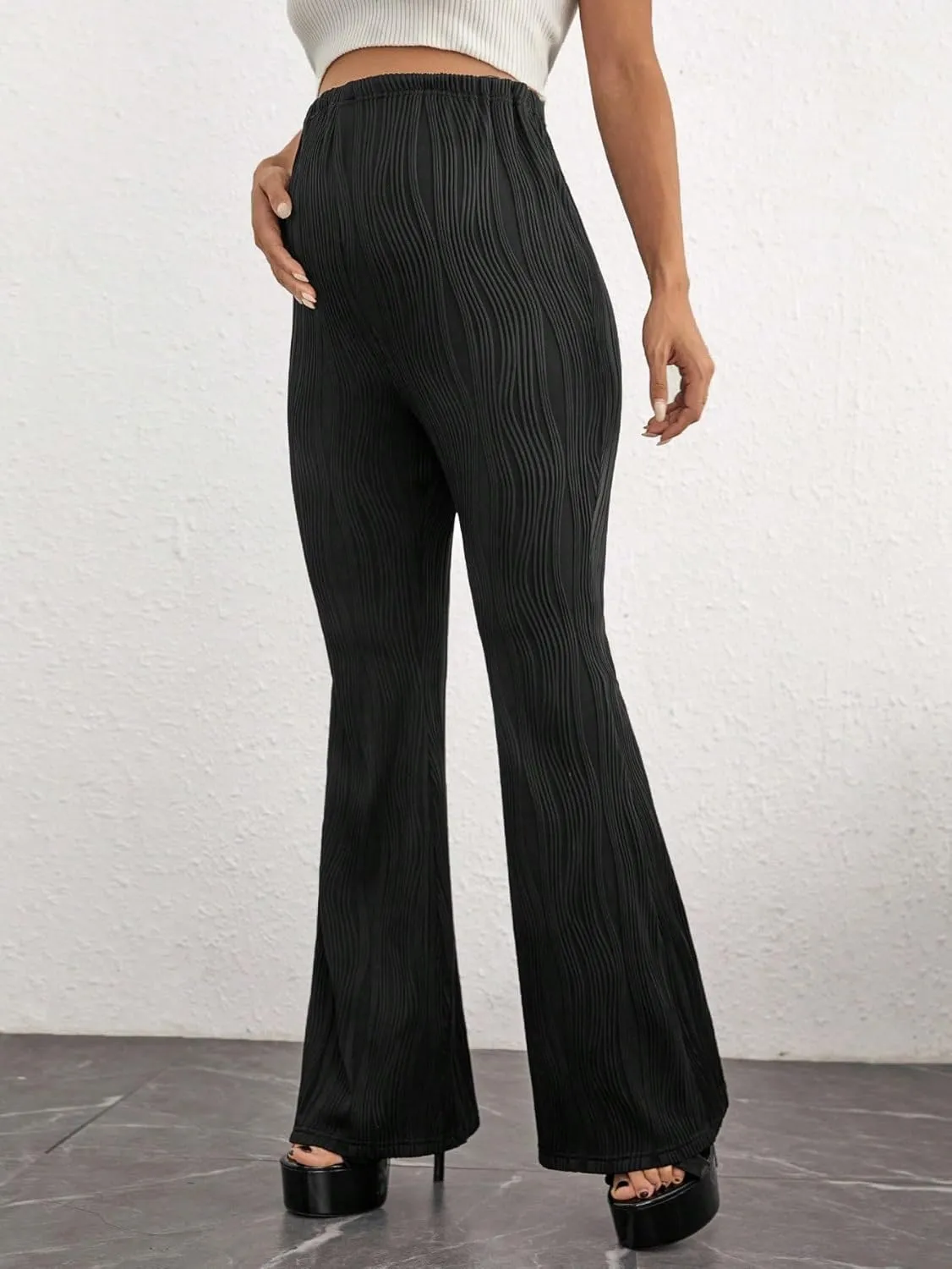 OYOANGLE Women's Maternity Adjustable High Waist Flare Leg Pants Stripes Knitted Trousers