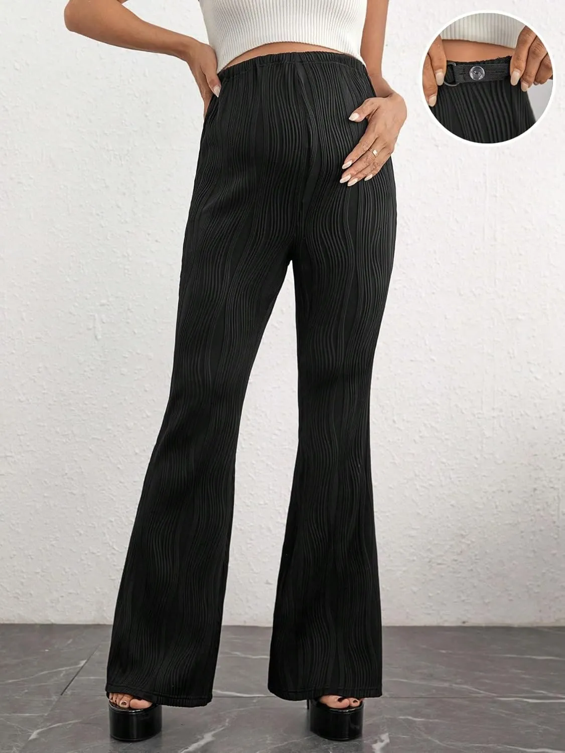 OYOANGLE Women's Maternity Adjustable High Waist Flare Leg Pants Stripes Knitted Trousers