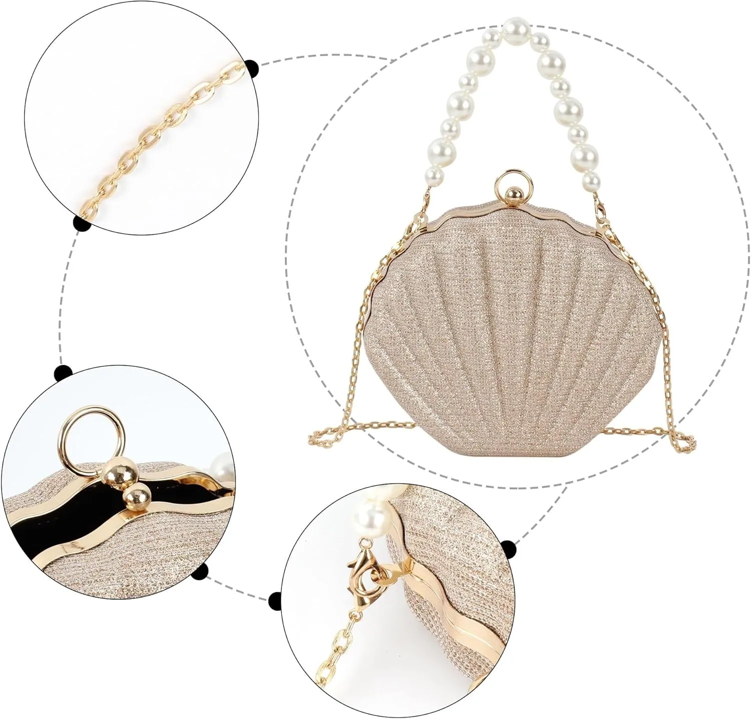 Pearl Chain Crossbody Pu Leather Mermaid Shoulder Glitter Seashell Evening Clutch Purse