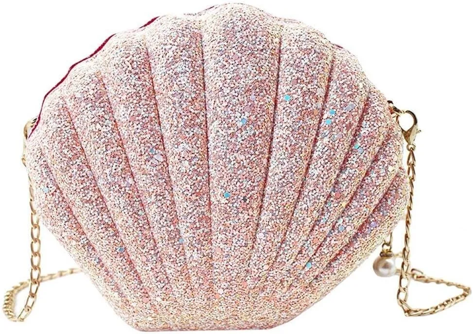 Pearl Chain Crossbody Pu Leather Mermaid Shoulder Glitter Seashell Evening Clutch Purse