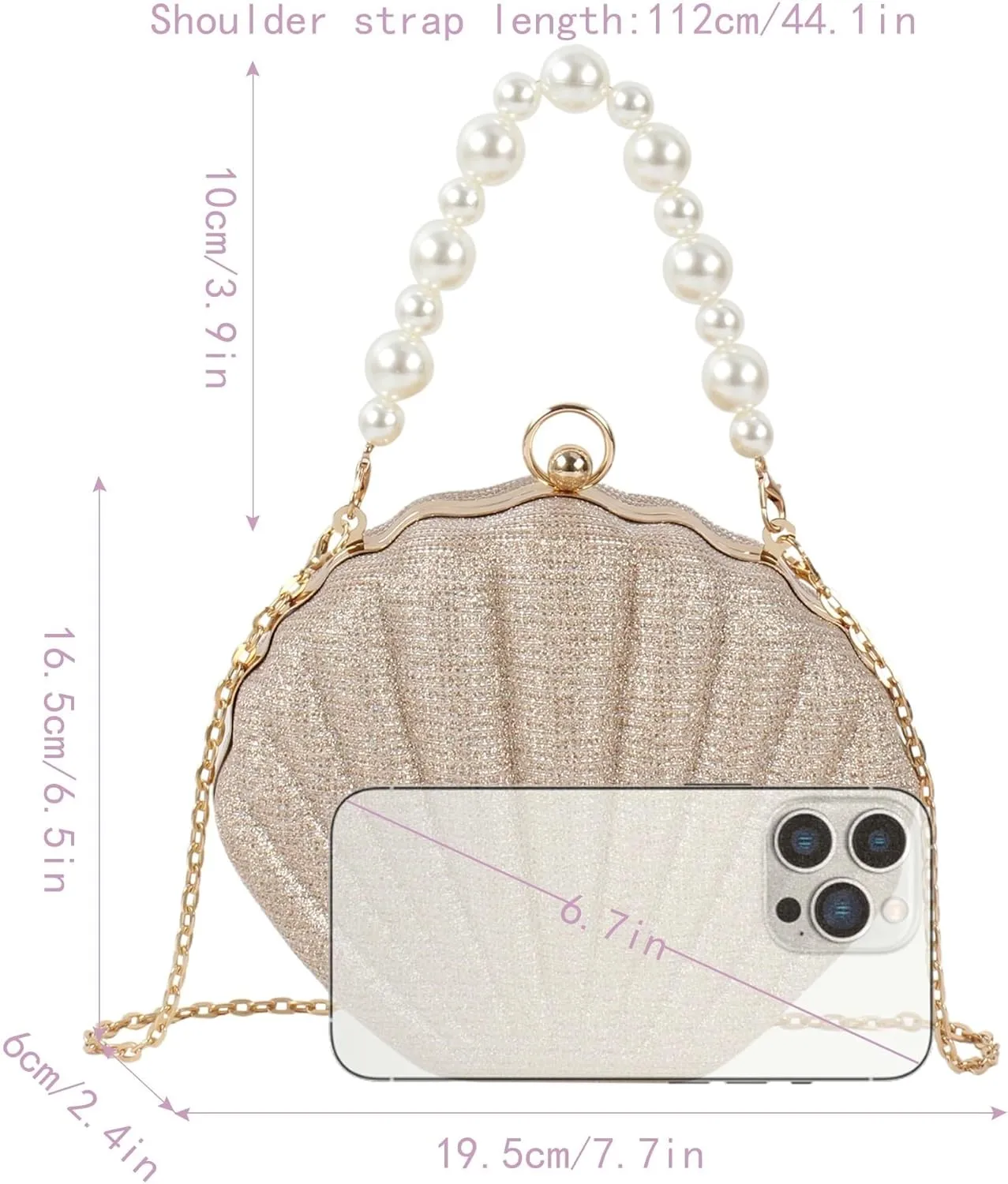 Pearl Chain Crossbody Pu Leather Mermaid Shoulder Glitter Seashell Evening Clutch Purse