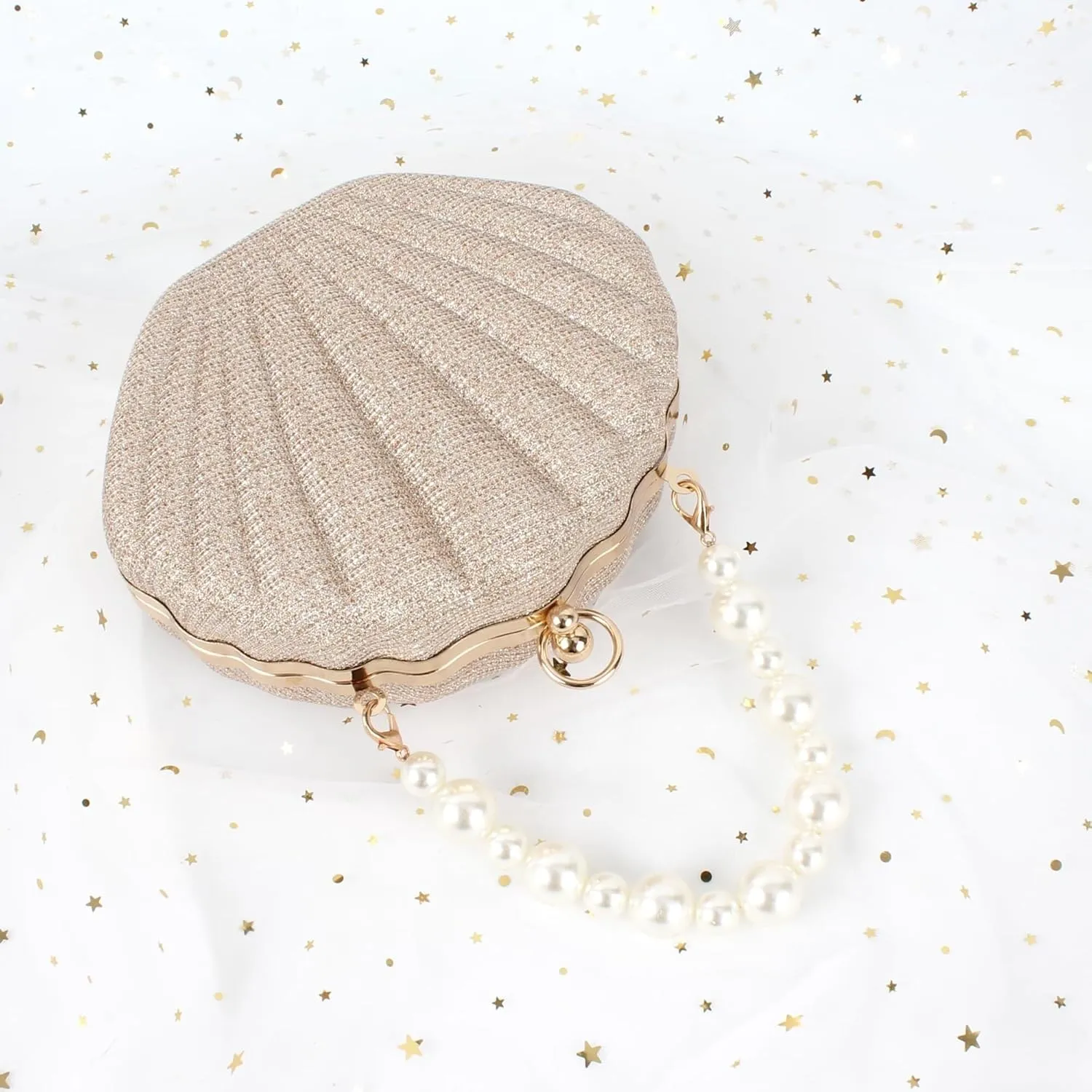 Pearl Chain Crossbody Pu Leather Mermaid Shoulder Glitter Seashell Evening Clutch Purse