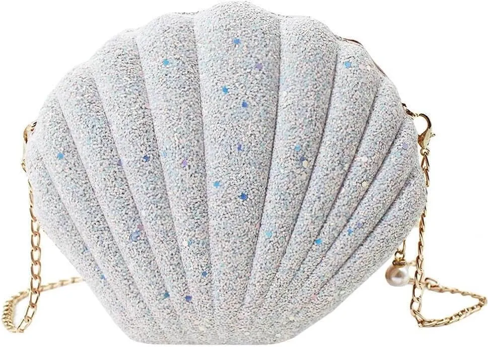 Pearl Chain Crossbody Pu Leather Mermaid Shoulder Glitter Seashell Evening Clutch Purse