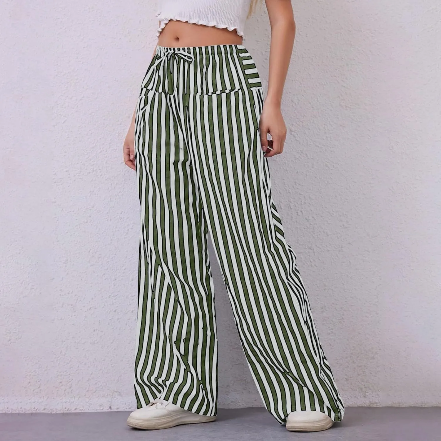 Pin Stripe Pants Women Baggy High Waisted Wide Leg Palazzo Pants Casual Drawstring Lounge Trousers with Pockets