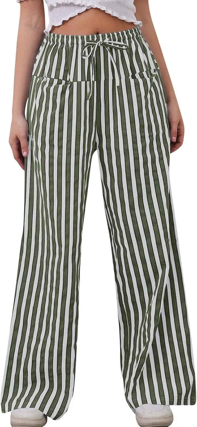 Pin Stripe Pants Women Baggy High Waisted Wide Leg Palazzo Pants Casual Drawstring Lounge Trousers with Pockets
