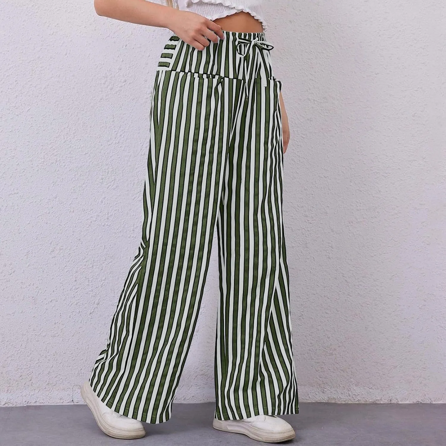 Pin Stripe Pants Women Baggy High Waisted Wide Leg Palazzo Pants Casual Drawstring Lounge Trousers with Pockets