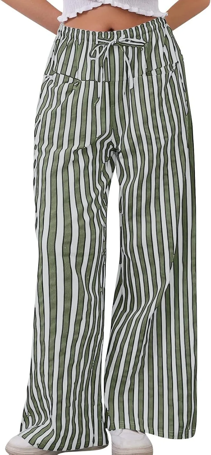 Pin Stripe Pants Women Baggy High Waisted Wide Leg Palazzo Pants Casual Drawstring Lounge Trousers with Pockets