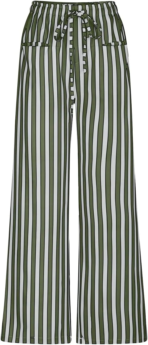 Pin Stripe Pants Women Baggy High Waisted Wide Leg Palazzo Pants Casual Drawstring Lounge Trousers with Pockets