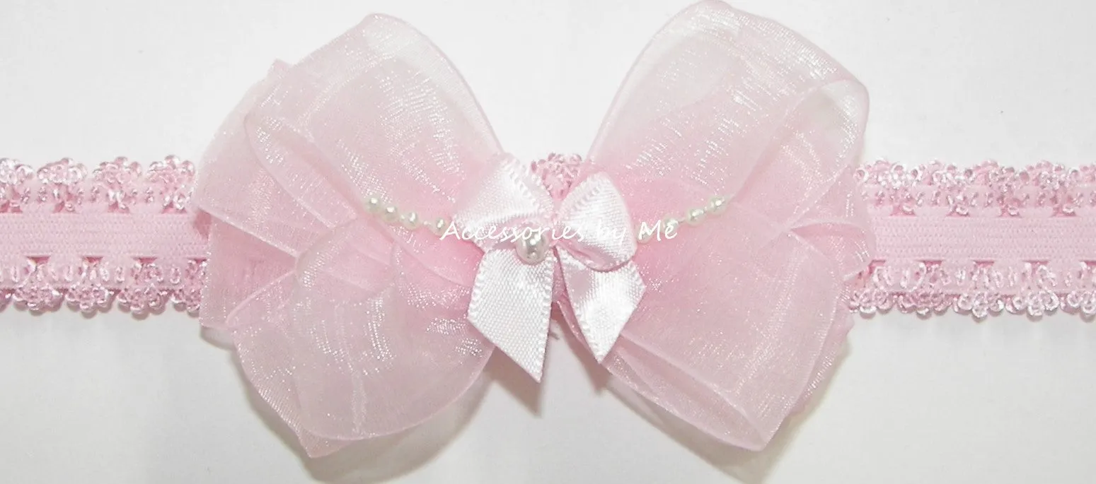 Pink Organza Pearl Bow Lace Headband