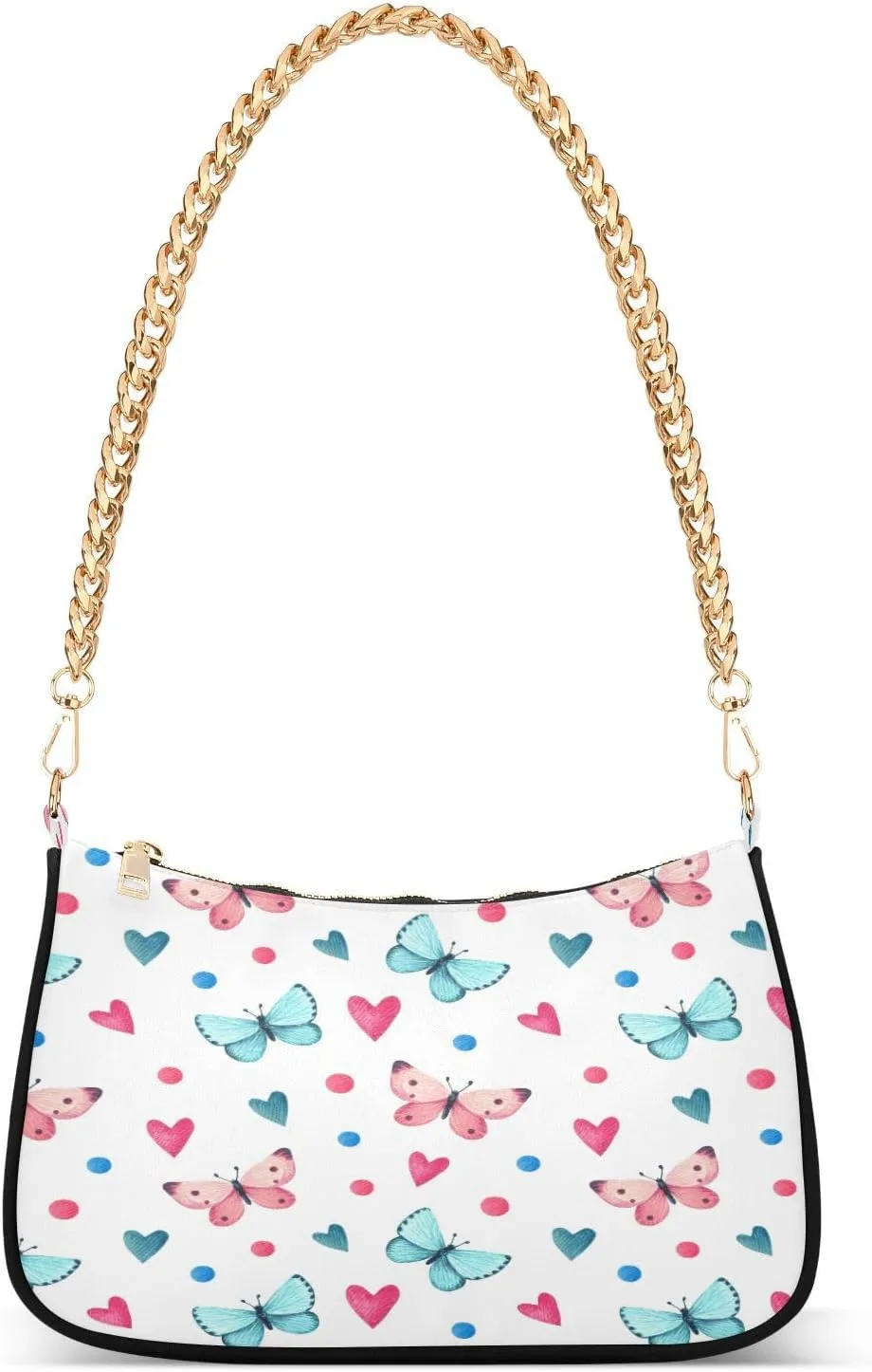 Pink Teal Butterflies Dots Womens Shoulder Bag for Women Girls Hobo Tote Handbag Gold Chain Crossbody Bag with Zipper Clutch Purse Handbags