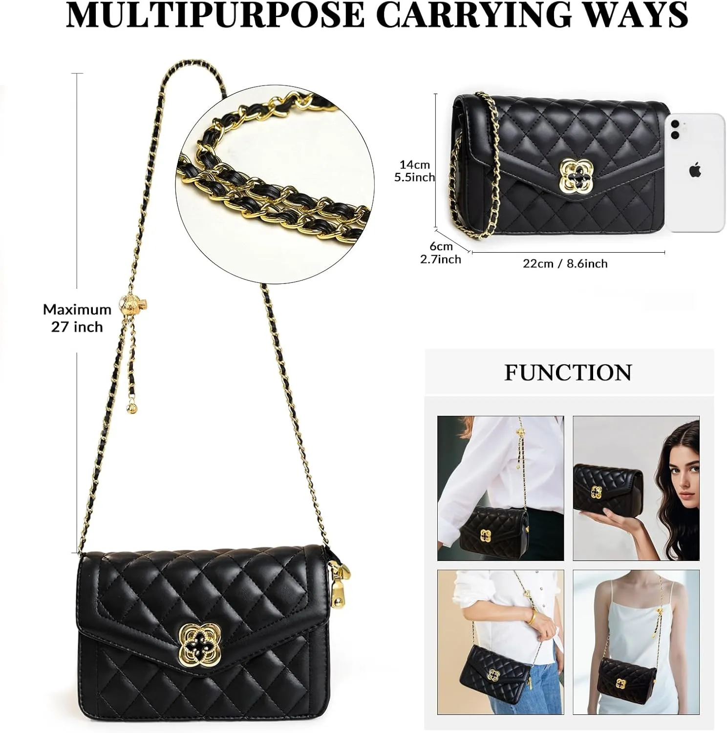 Quilted Leather Crossbody Bags for Women Trendy Ladies Shoulder Purse Satchel HandBag with Chain Strap