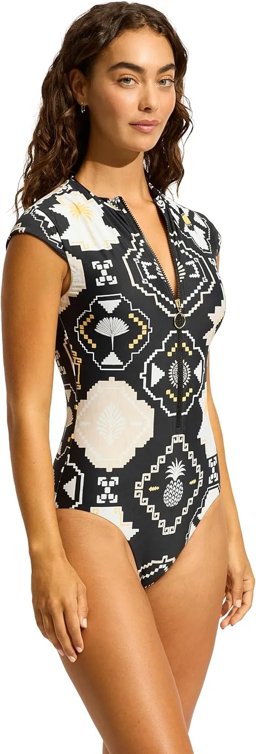Seafolly Women's Standard Cap Sleeve Zip Front One Piece Swimsuit