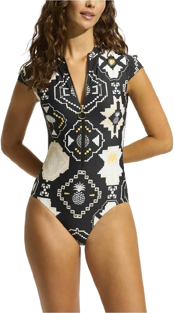 Seafolly Women's Standard Cap Sleeve Zip Front One Piece Swimsuit