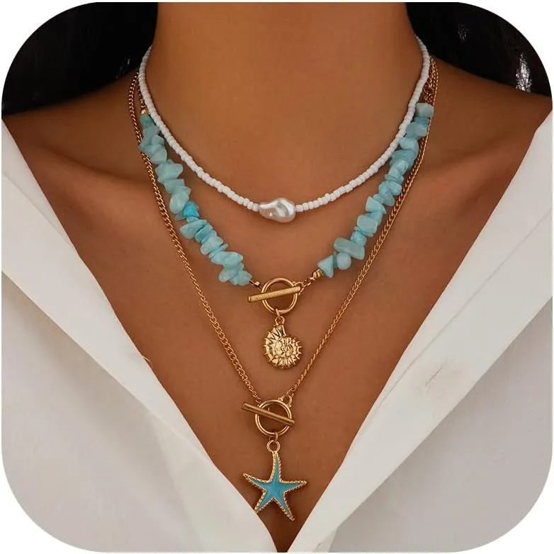 Seashell Necklace for Women Shell Necklace Summer Outfits for Women Adjustable Layered Sea Shell Charm Necklaces Beach Vacation Essentials Holiday Jewelry