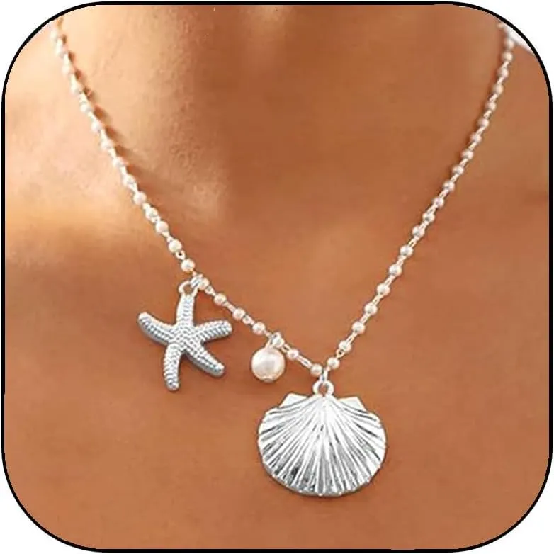 Seashell Necklace for Women Starfish Necklace Summer Beach Charm Necklaces Trendy Boho Pearl Shell Necklaces Summer Outfits for Women Beach Starfish Earrings Vacation Earrings Seashell Jewelry