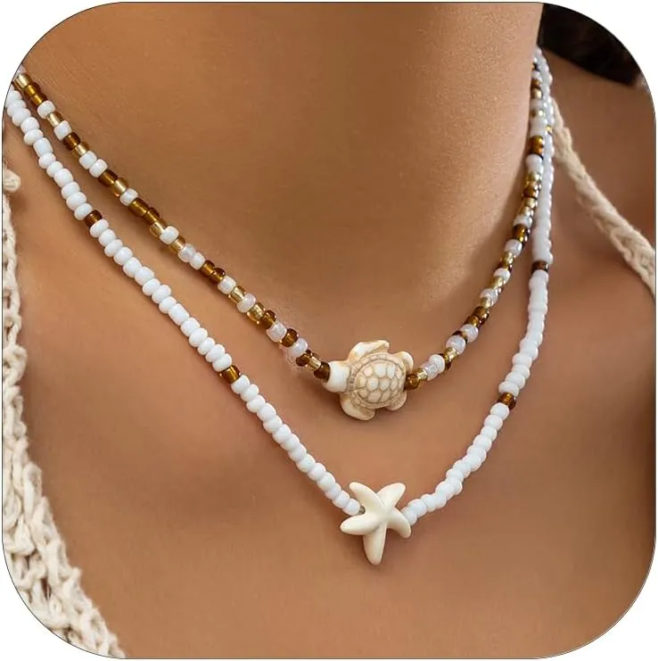 Seashell Necklace Starfish turtle necklace for Women Summer Necklace Surfer Shell Necklaces Boho Turtle Starfish Beachy Necklace Summer Outfits Accessories for Jewelry