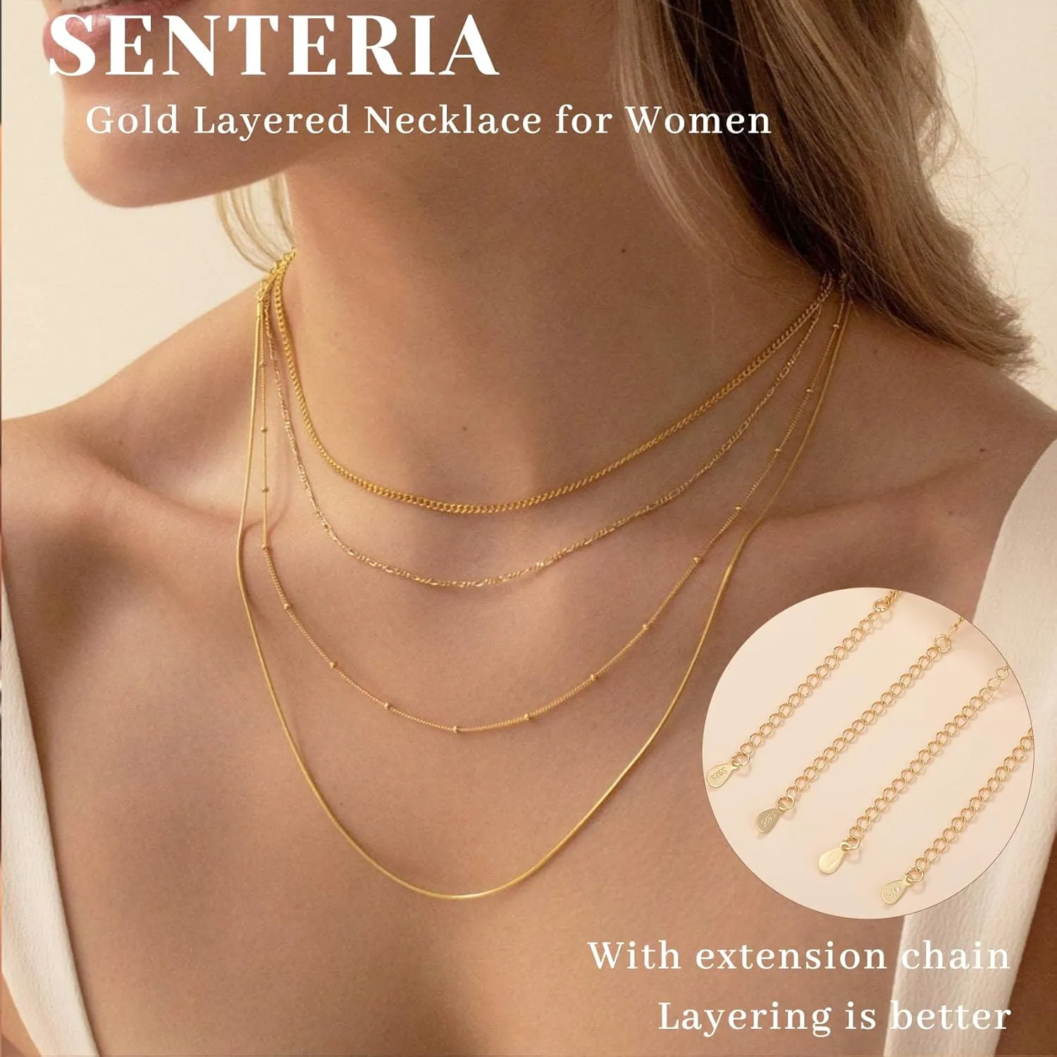 Senteria Gold Layered Necklace for Women 14KGold Plated Necklace Chain Dainty Gold Stack Long Necklaces Set for Women 3/4Pcs
