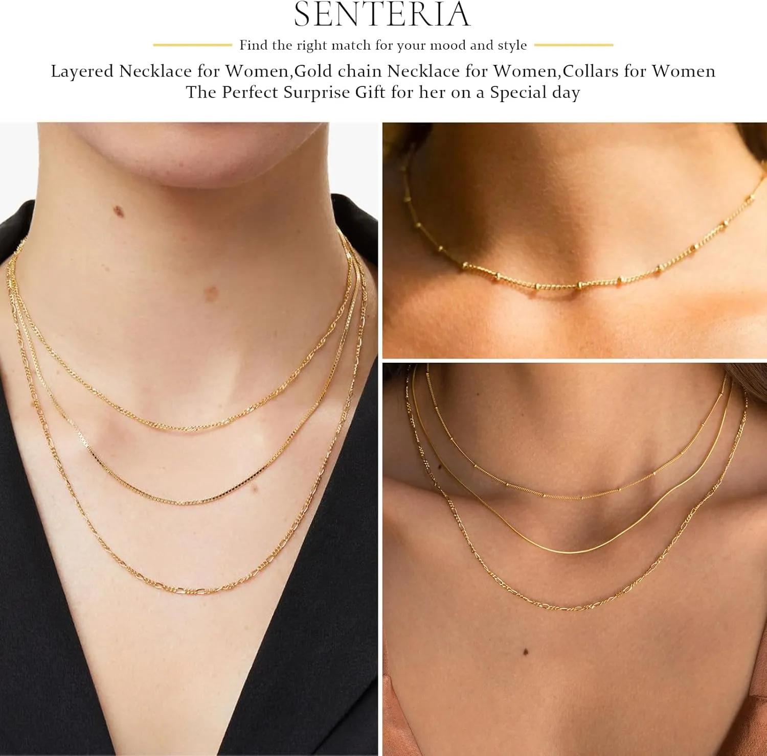 Senteria Gold Layered Necklace for Women 14KGold Plated Necklace Chain Dainty Gold Stack Long Necklaces Set for Women 3/4Pcs