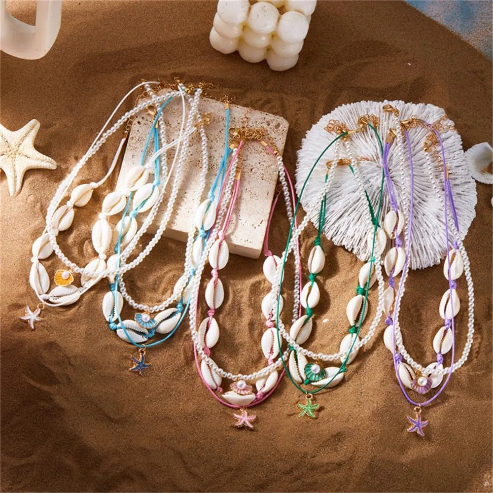 Shell Beach Choker Necklace Set for Women Boho Layered Beaded Adjustable Starfish Conch Shell Nacklace Imitaion Pearl Rice Beads Necklace Summer Ocean Vacation Jewelry