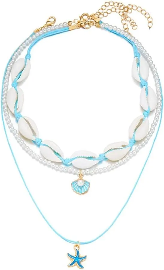 Shell Beach Choker Necklace Set for Women Boho Layered Beaded Adjustable Starfish Conch Shell Nacklace Imitaion Pearl Rice Beads Necklace Summer Ocean Vacation Jewelry