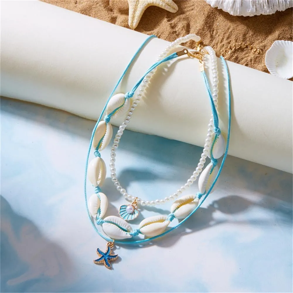 Shell Beach Choker Necklace Set for Women Boho Layered Beaded Adjustable Starfish Conch Shell Nacklace Imitaion Pearl Rice Beads Necklace Summer Ocean Vacation Jewelry