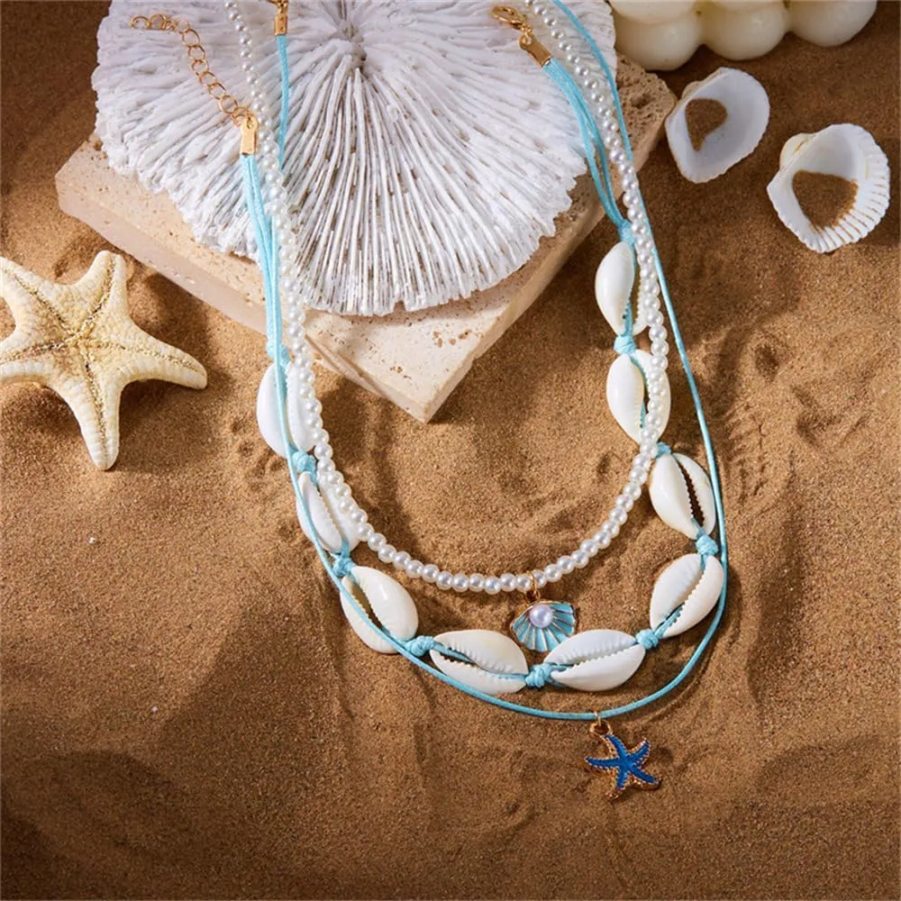 Shell Beach Choker Necklace Set for Women Boho Layered Beaded Adjustable Starfish Conch Shell Nacklace Imitaion Pearl Rice Beads Necklace Summer Ocean Vacation Jewelry