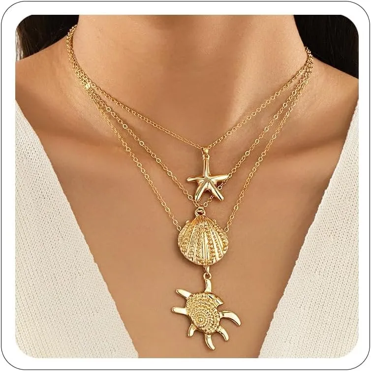 Shell Charm Necklace for Women Gold Starfish SeaShell Choker Necklaces Mermaid Necklace Summer Beach Vacation Jewelry Accessorie