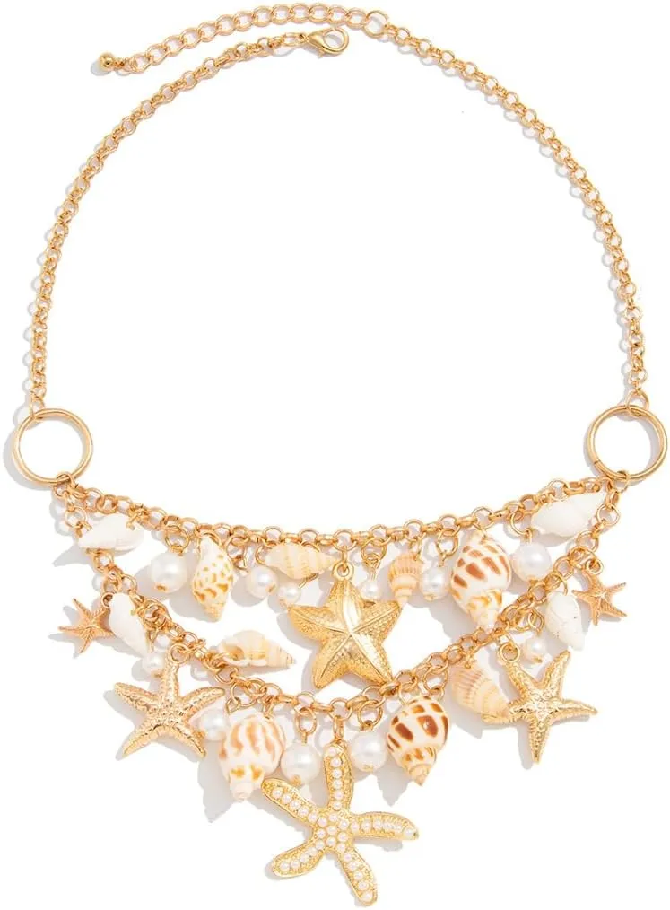 Shell Necklace Beach Jewelry for Women Seashell Starfish Necklace Adjustable Layered Sea Shell Charm Necklaces Summer Outfits for Women Beach Fashion Vacation Essentials Summer Accessories